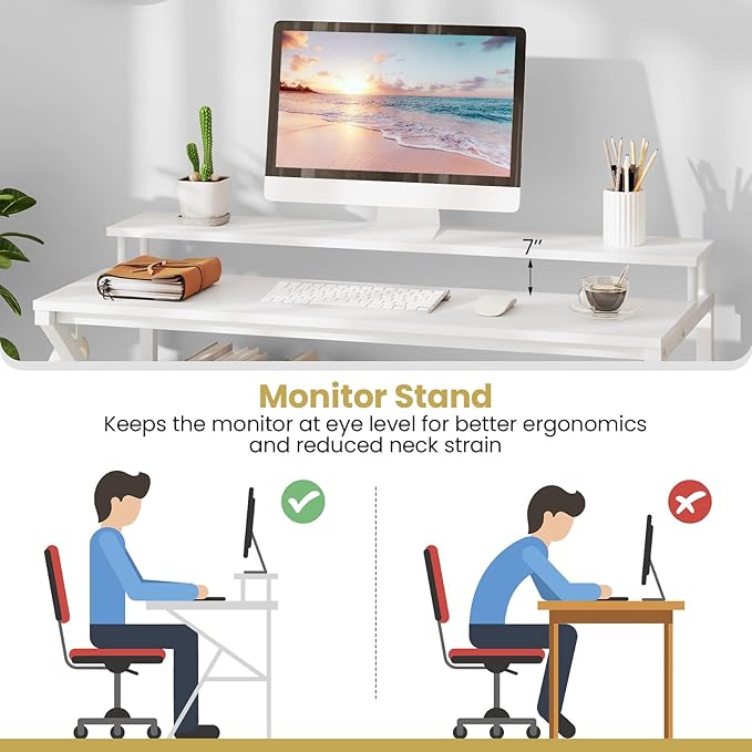 Giantex Small Desk with Storage Compact Computer Desk for Small Spaces with Monitor Stand Metal Frame &amp Earphone Hook Laptop PC Table Modern Writing Desk for Home Office Bedroom (White)