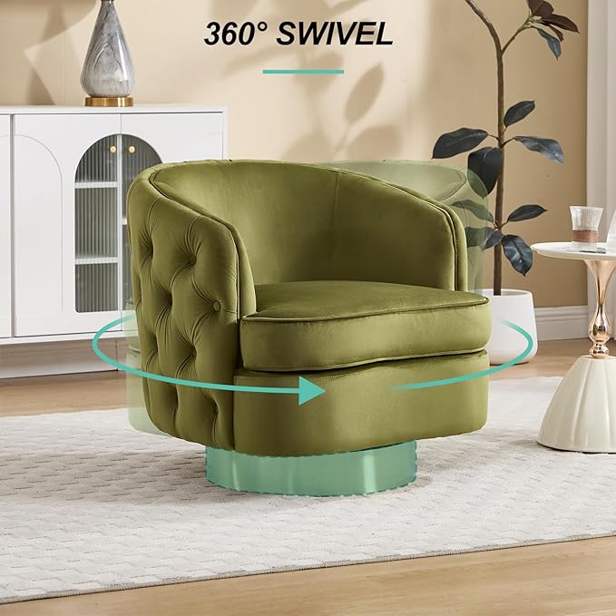 Modern Accent Chair Swivel Barrel Armchair for Living Room Button Tufted Velvet Comfy Chairs Round Upholstered Single Sofa Seating with Gold Base Green