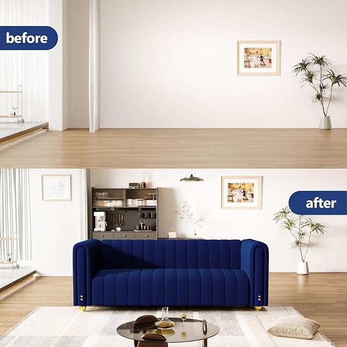 81.3'' Blue Velvet Modern Mid Century Deep Seat Sofa Oversized 3-Seater Loveseat Comfy Couch for Living Room and Apartment Furniture