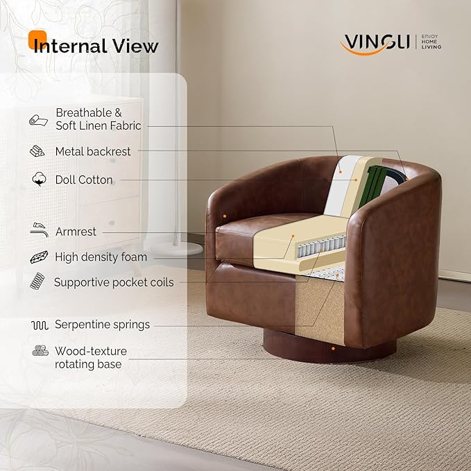 VINGLI 360°Swivel Accent Chairs Set of 2 with Engineered Wood Base and Removable Cushion for Living Room Bedroom Curved Back Barrel Chairs for Small Space Upholstered Bucket Armchairs Pu-Brown