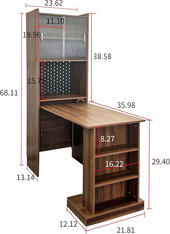 Hidden Desk Fold Out Desk with Storage - Craft Storage Cabinet &amp Fold Out Table for Home Office Bedroom Dorm Apartment | Anti-Tip Sliding Glass Doors Open Shelves &amp PegboardWalnut