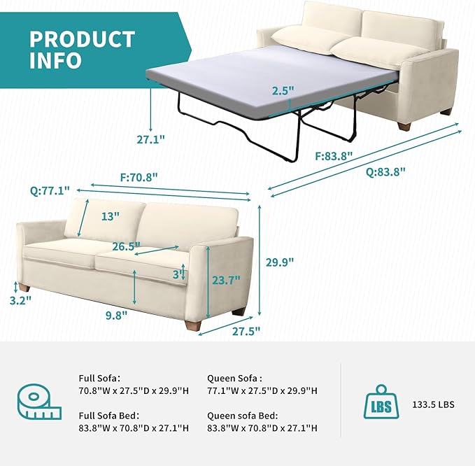 BALUS Velvet Full Size Pull Out Sofa Bed 71 W 2-in-1 Convertible Sleeper Sofa Pullout Couch Bed with Memory Foam Pillows and Mattress for Living Room Furniture Office Apartment Small Space Beige