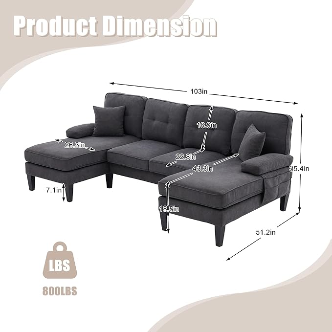100'' U-Shaped Sectional Sofa with Double Chaise Minimalist 4-Seater Couch with 2 Pillows Sofa Set with Arm &amp 2 Side Pocket for Living Room Apartment (Grey)