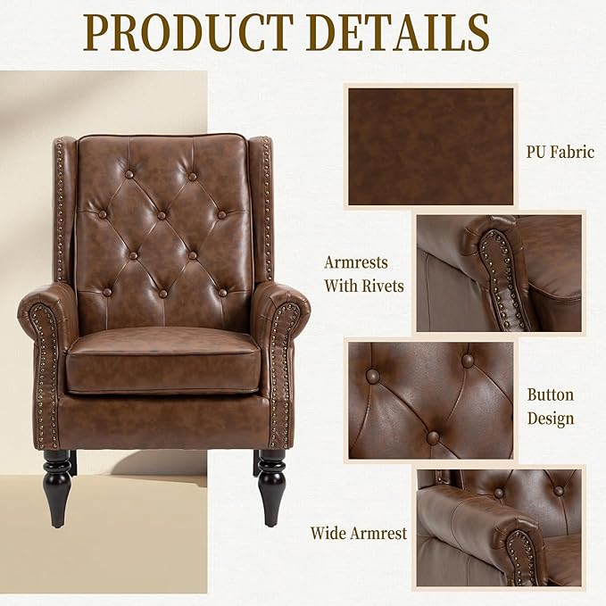 Mid-Century Wingback Chair PU Leather Accent Chair Armchair with ButtonsModern Living Room Chairs with Rivet DecorationLeisure Single Sofa Chair for BedroomClubHome Reception (PU Brown)