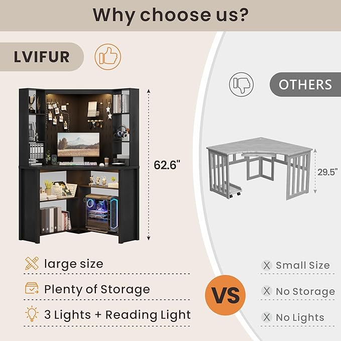 Lvifur Corner Computer Desk with LED Lights L Shaped Study Desk with Hutch &amp Shelves Triangle Home Office Desk with Charging Station for Work &amp Study File Cabinet Bookshelf for Small Space
