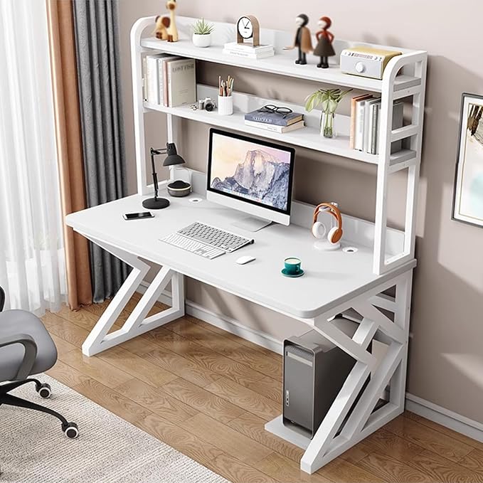 47in Computer Desk with PegboardGaming Desk with Bookshelf Combo Large Writing Table with Desktop Shelves Ample Leg Room for Home Office (White 47in)