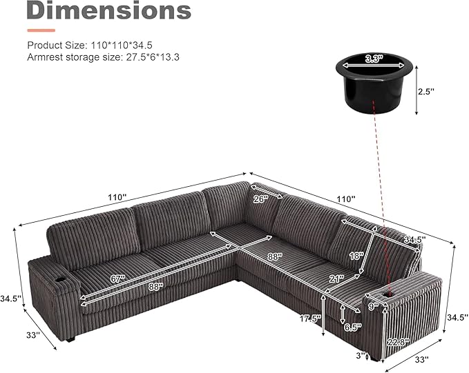 110 Oversized L-Shaped Sectional Sofa Plush Corduroy Deep Seat Couch Large V Shaped Corner Couch with Storage USB Charging Cup Holder Modern Upholstered Sectional for Living Room (Grey)