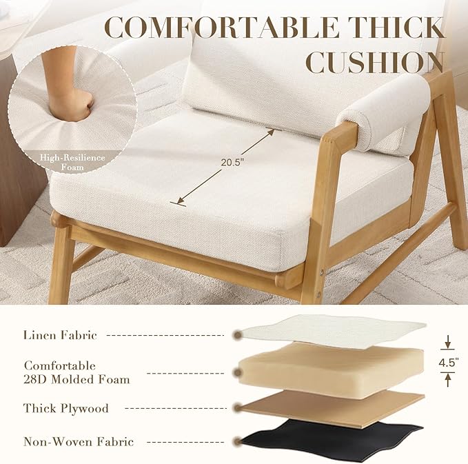 HEAH-YO Modern Accent Chair Upholstered Linen Fabric Living Room Chair with Wooden Frame Comfy Armchair with Thick Cushion for Bedroom Balcony Beige