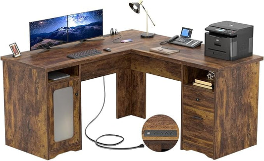 Unikito L Shaped Office Desk with Drawers 60 Inch Corner Desk with Power Outlet and USB Charging Port Large Computer Desk with File Cabinet Executive Desk with Storage Cabinet Vintage Brown