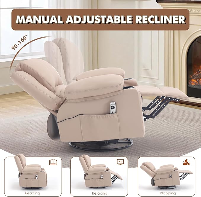 Faux Leather Swivel Rocker Recliner with Heat and Massage Cup Holders Overstuffed Rocking Glider Chair Heated Massaging Reclining Chair Beige
