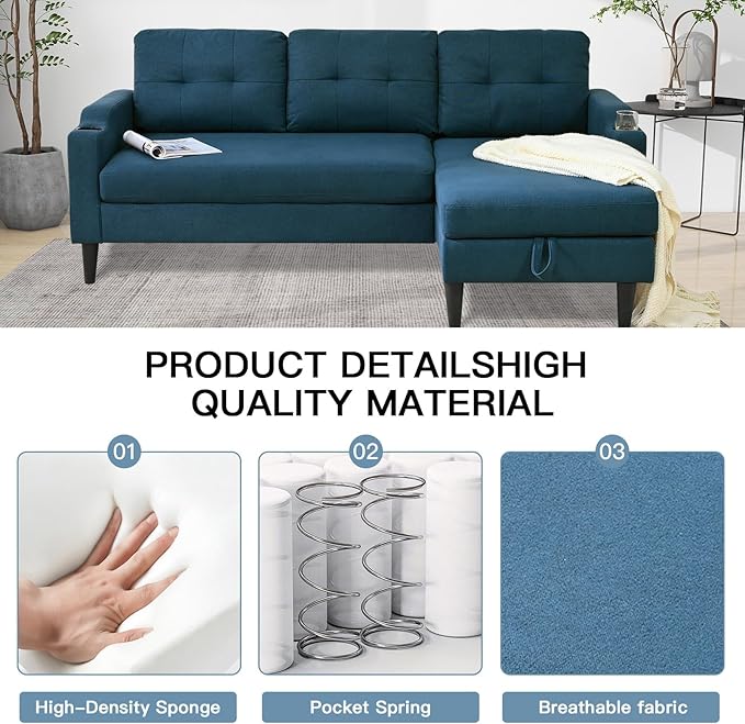 Convertible l Shape Sleeper Sofa Pull-Out Couch Bed with Storage Chaise Linen Upholstered Sectional Corner Apartment Couch with Side Pocket and Cup Holder Removable Backrest (Blue)
