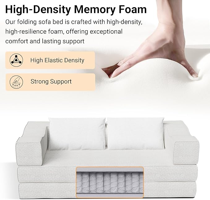 80 Foldable Chenille Futon Sofa Bed 4-in-1 Convertible Couch with 2 Pillows King-Size Floor Lounger for Living Room Guest Room Dorm - No Assembly (Beige 80in)