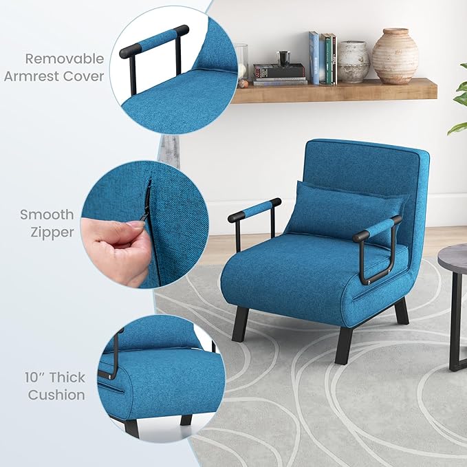 POWERSTONE Convertible Sleeper Chair Bed 4 in 1 Living Room Reading Chair with Pillow Wide Cushion Arm and Adjustable 5 Position Backrest Single Sofa Bed Blue