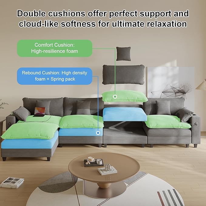 152 L Shaped Sectional Couch Chenille Sectional Couches for Living Room Modular Cloud Couch with Movable Ottoman Modern Cloud Sofa with Charging Station Cup Holder Side Pocket Grey