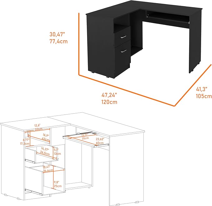 Black L-Shaped Desk with Keyboard Shelf - Modern Home Office Computer Desk