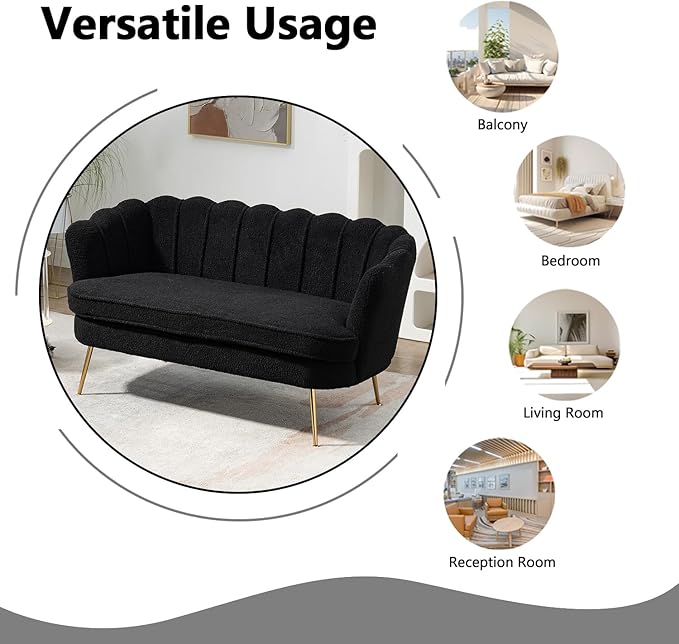 Anwick 59 Small Modern Chenille Loveseat Sofa 2-Seater Sofa with Gold Metal Legs Small Couch with Flower Shaped Back for Living Room Bedroom Office (Black)