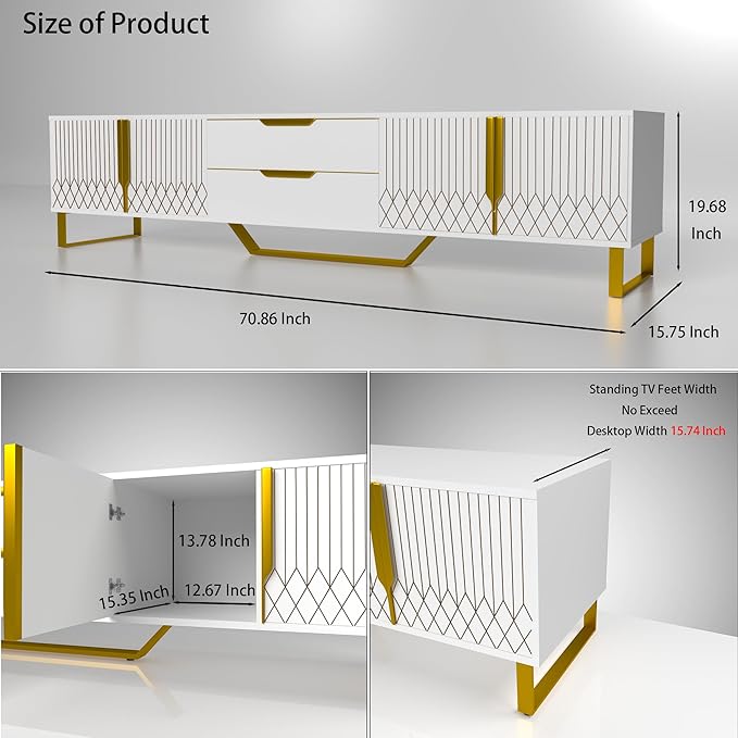 Luxury TV Stand for 55 65 75 Inch TV Carving Design Entertainment Center for 50 60 70 Inch TV Metal Legs TV Console TV Table Equipped with Two Drawers and Cabinets White