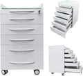 5 Drawers Mobile Office File Storage Cabinet Stainless Steel Dental Medical Assistant Cabinet Utility Cart Glass Countertop with Lock and Wheels for Office Hospital White