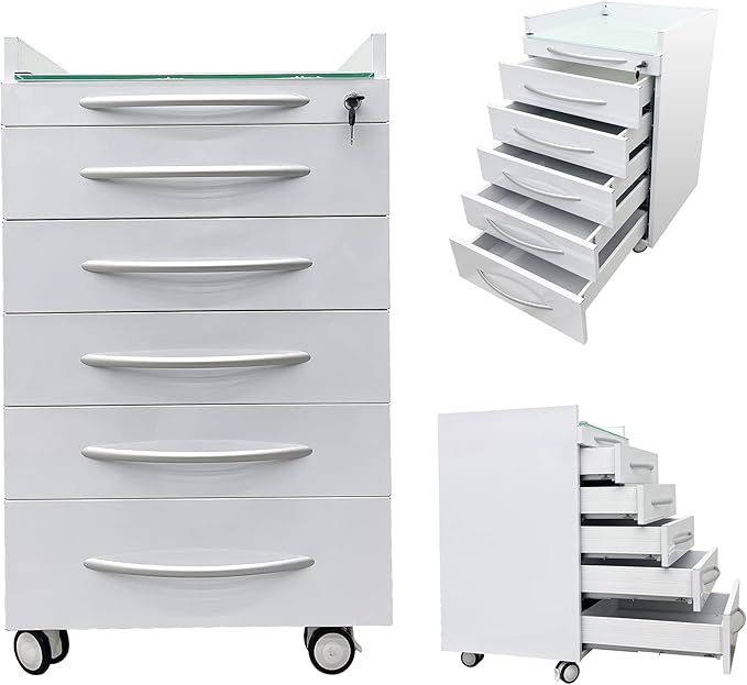 5 Drawers Mobile Office File Storage Cabinet Stainless Steel Dental Medical Assistant Cabinet Utility Cart Glass Countertop with Lock and Wheels for Office Hospital White