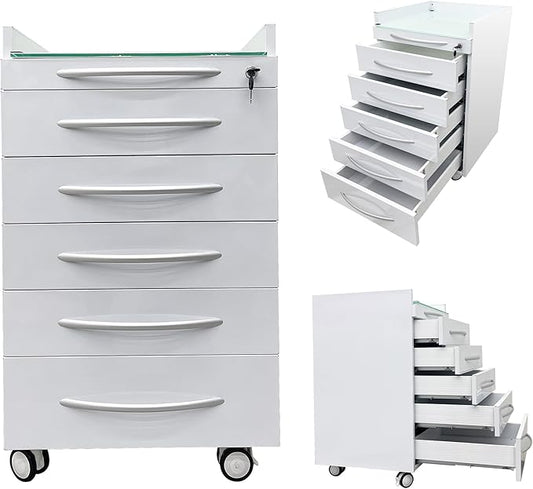 5 Drawers Mobile Office File Storage Cabinet Stainless Steel Dental Medical Assistant Cabinet Utility Cart Glass Countertop with Lock and Wheels for Office Hospital White