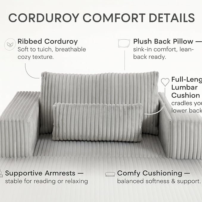 50.98'' Corduroy Boneless Couch with Square Armrests and 2 Cushions Modern Luxury Compressed Sofa Couch with Movable Ottoman No Assembly Required Living Room Apartment HotelGrey