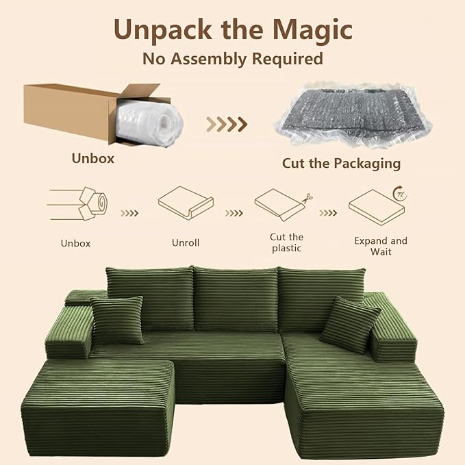 107 Modular Sectional Sofa with Ottoman Modern Corduroy Cloud Couch with Deep Seat Boneless Couch Upholstered 3-Seater U-Shaped Sofa for Living Room No Assembly (Green Right-Facing Chaise)