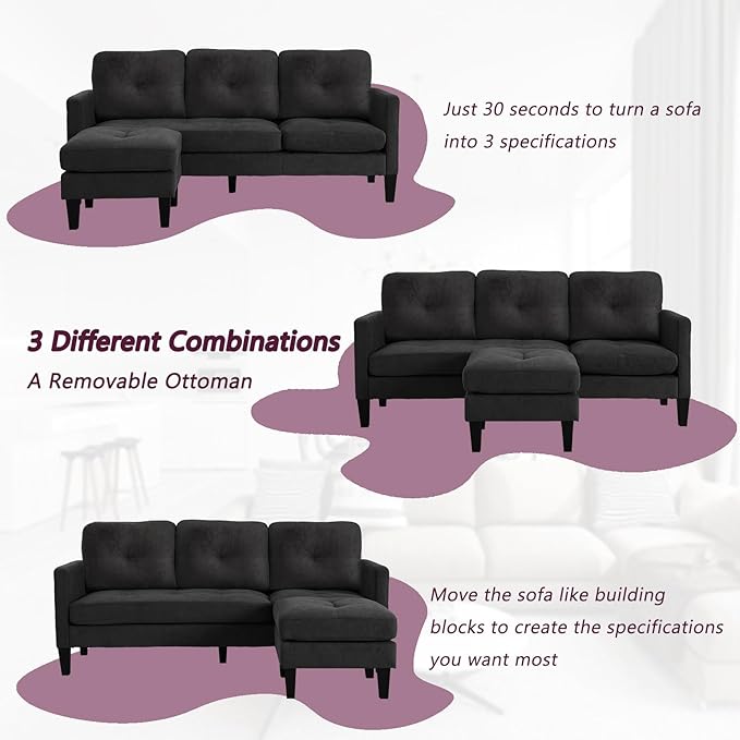 MAGIC UNION Sectional Sofa Set Convertible L-Shape Couch with Reversible Ottoman Modern Linen Fabric Sofa for Small Living Room Apartment Office (Black)