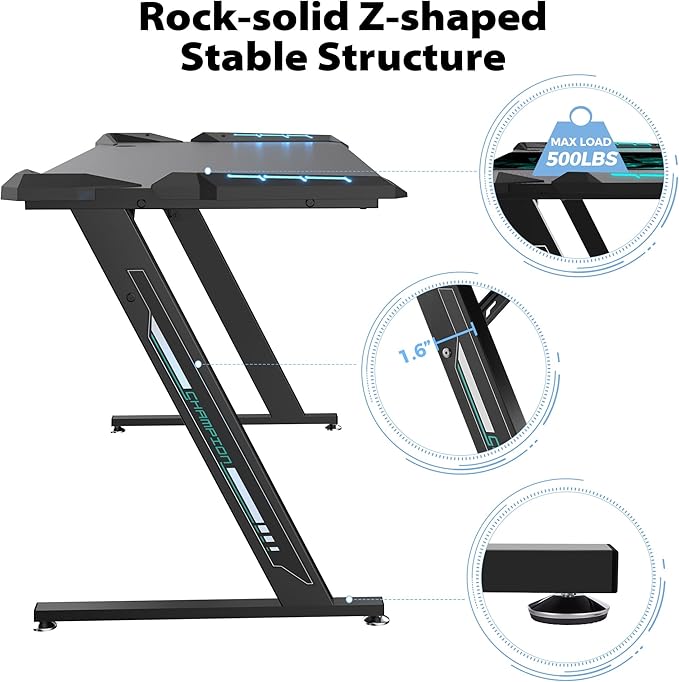 EUREKA ERGONOMIC Gaming Desk with Led Lights RGB Gaming Table60 Inch Computer Desk Home Office Desk Large Table for Study pc Desk with Mouse Pad z60 Gamer Desk