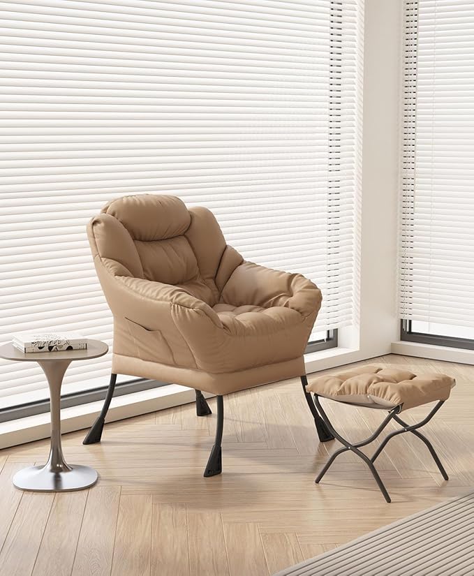 Living Room Chair with Ottoman Modern Lounge Accent Chair with Armrests and a Side Pocket Leisure Upholstered Sofa Lazy Chair Reading Chair with Footrest for Small Space (Beige)