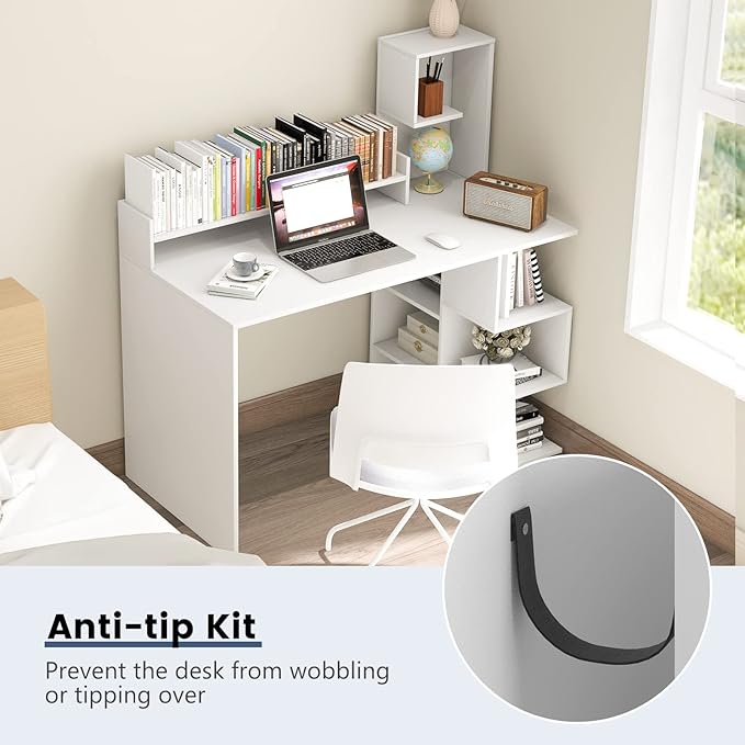 Tangkula White Desk with Storage Bookshelf &amp Hutch 48” Modern Home Office Desk with 8 Storage Shelves Space Saving Writing Study Desk for Bedroom Compact Computer Workstation for Home