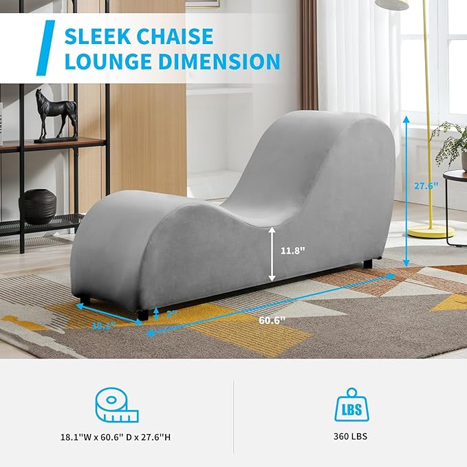 Mjkone 60.6 W Yoga Sofa Chaise Lounge Chair for Adults Office Yoga Stretching Curved Velvet Yogas Chaise Couch Indoor for Living Room Relaxing Lounges Chair for Apartment Exercising Light Grey