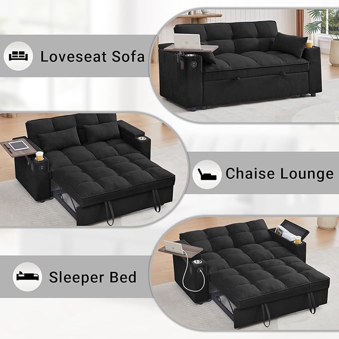 3 in 1 Sofa Bed 65 Inches Convertible Loveseat Sleeper with Side Table Pull Out Couch with 3 Level Adjustable Backrest Chaise Lounge with USB and Type-C Ports for Living Room Jet Black