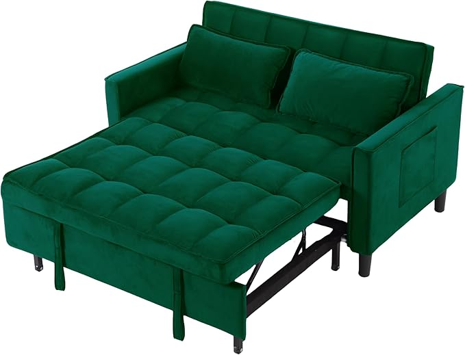 3 in 1 Convertible Sofa Bed Love Seat Sleeper Bed with Side Pockets Velvet Fabric Pull Out Couch with Adjustable Backrest for Living Room Bedroom Apartment Dark Green
