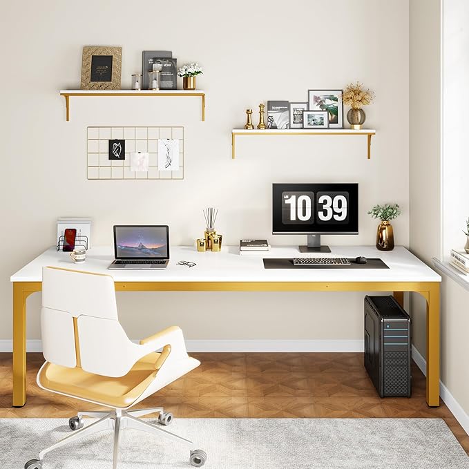Tribesigns Modern 78.7 Inches Extra Long Computer Desk 2 Person Desk Double Long Desk Workstaion for Home Office White+Gold
