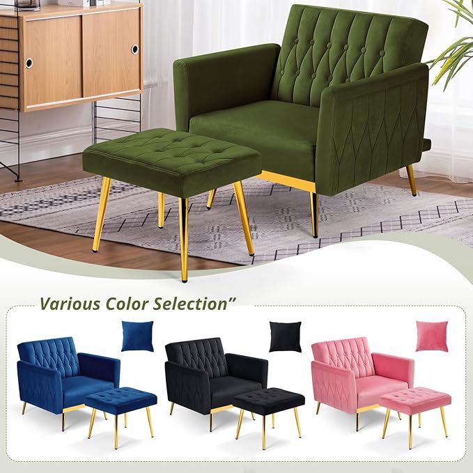 Velvet Accent Chair w/Adjustable Armrests and Backrest Button Tufted Lounge Chair Single Recliner Armchair with Ottoman and a Pillow for Living Room BedroomOlive Green