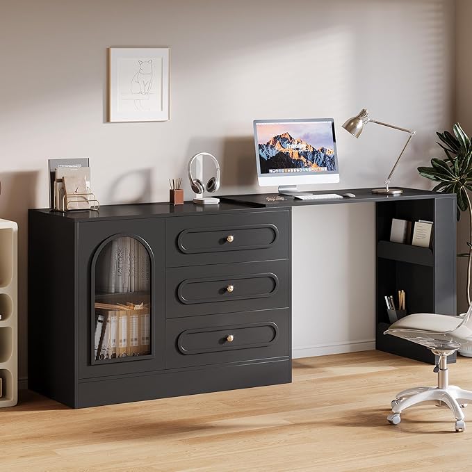 Tribesigns L Shaped Desk with 3 Drawers Reversible Corner Desk with Storage 360° Rotatable Study Table with Adjustable Shelves for Home Office Writing Table Workstation for Bedroom (Black)