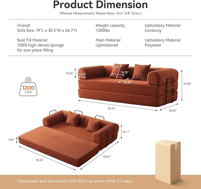 Convertible Sleeper Sofa with 2 Pillow Modern Corduroy Futon Bed Modular Sofa with Pull-Out Bed Love Seat Sleeper for Living Room Small Space Apartment Office