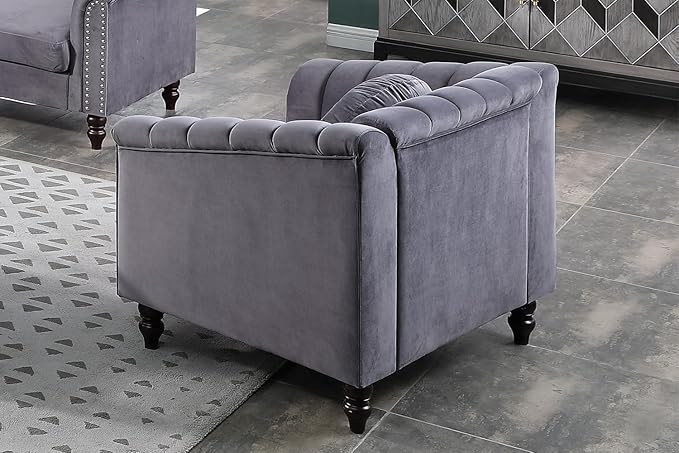 Chesterfield Chair Couch 40 Inch Luxurious Velvet Single Chair Chesterfield Settee Sofa Upholstered Rolled Arm with Rivets/Button Tufted Pillow Modern Sofa for Living RoomGray
