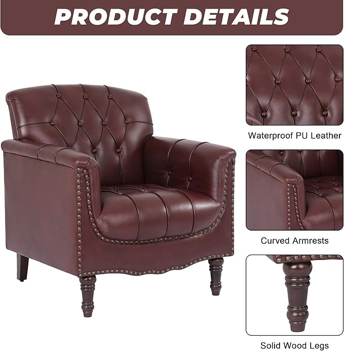 Lumibee Faux Leather Barrel Chair Upholstered Accent Chair for Living Room Modern Comfy Club Armchair for Office Bedroom Waiting Room-Dark Red