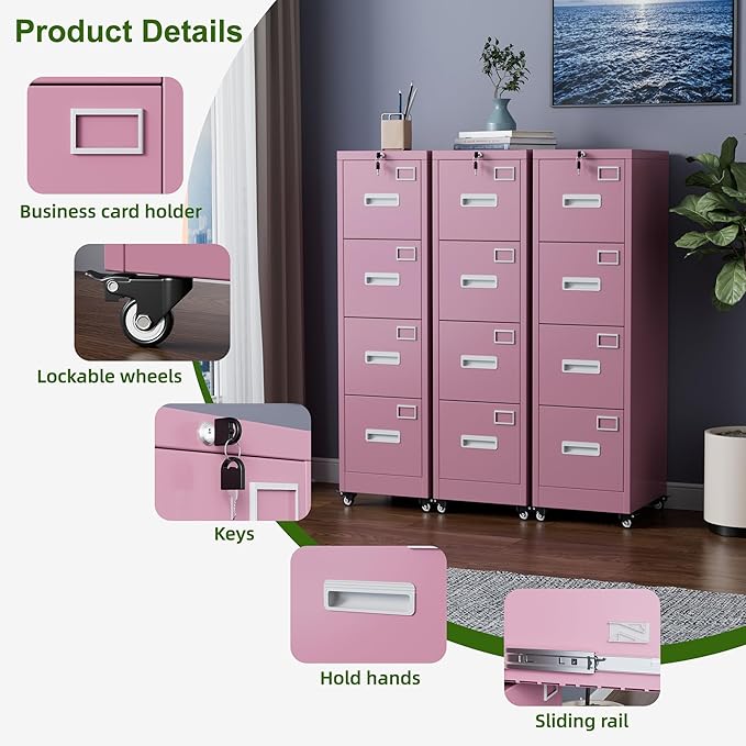 Aobabo 4 Drawer File Cabinet with Wheels Lockable Office Metal Filing Cabinet with Name Card for Office and HomeAssembly RequiredPink