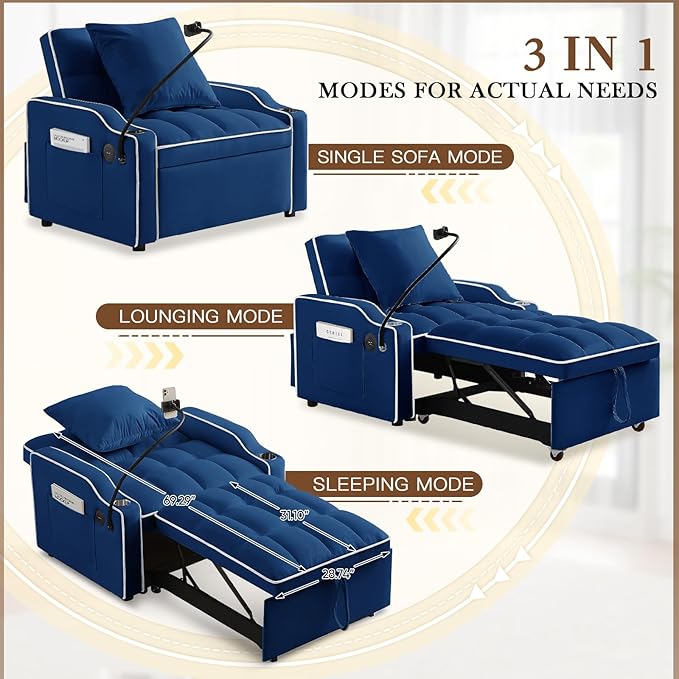 Convertible Sleeper Sofa Chair Bed 3 in 1 Tufted Velvet Pull Out Sleeper Chair with Adjustable Backrest &amp Phone Holder Modern Single Sofa Chair for Living Room Small Spaces Apartment Blue