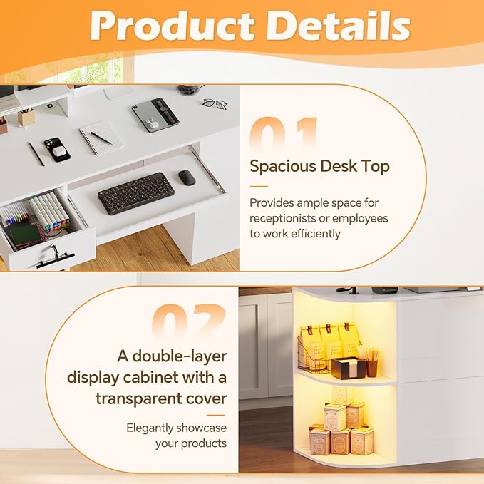 Modern Reception Desk with LED Light and Open Shelves Front Desk with Lockable Drawers &amp Keyboard TrayReception Counter Table with Storage for Checkout Office Lobby Nail Salon Spa (C.White)