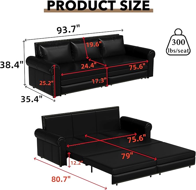 93.7 King Pull Out Sofa Bed Faux Leather Sleeper Sofa Couch 3 in 1 Convertible Futon Couches for Living Room Small Space Apartment Office Bedroom Modern Rivet Armrest Black