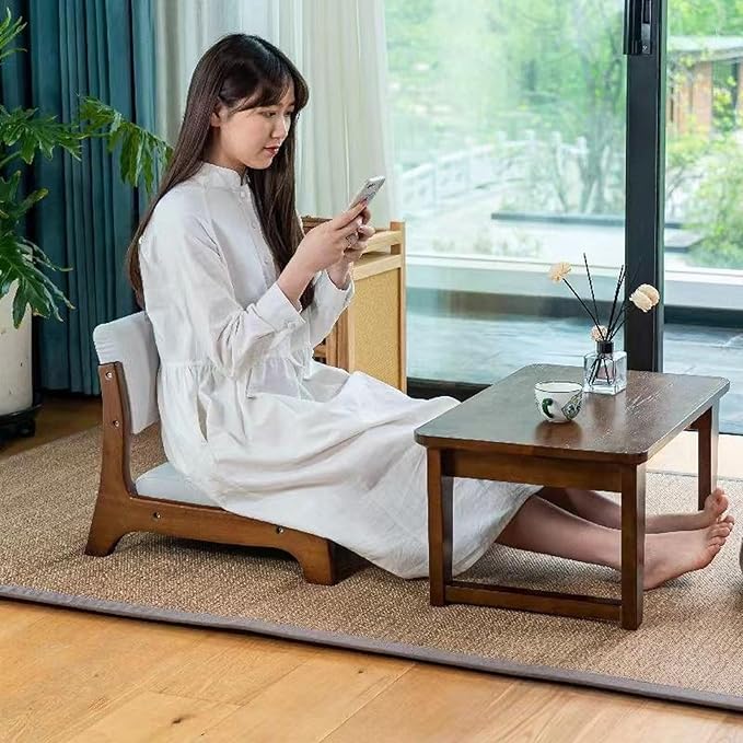 Japanese Floor Chair with Back SupportLow-Back Meditation Floor Seat with Soft CushionPortable Wood Armless Tatami Chair Meditation Living Room Bedroom Bay WindowReading