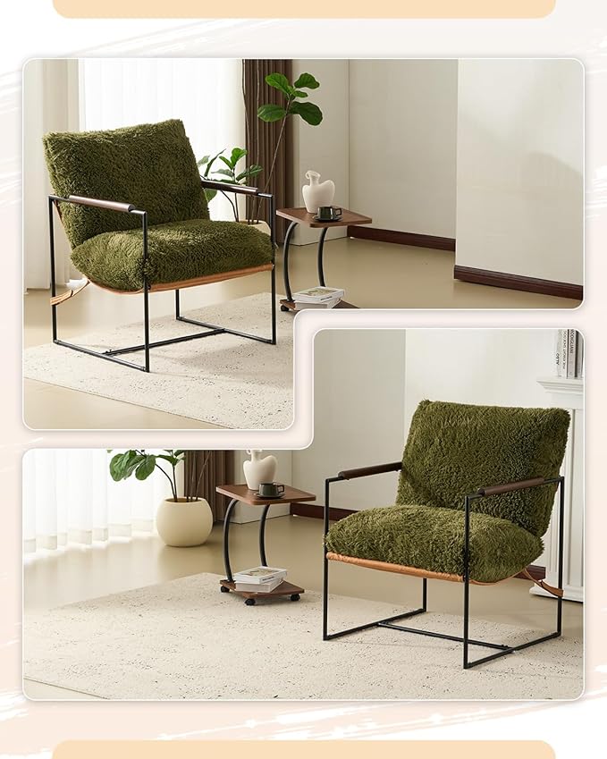 Karl home Modern Accent Chair Plush Fleece Upholstered Living Room Chair with Metal Frame Wooden Armrest Comfy Lounge Armchair for Living Room Bedroom Balcony Reading Room Green