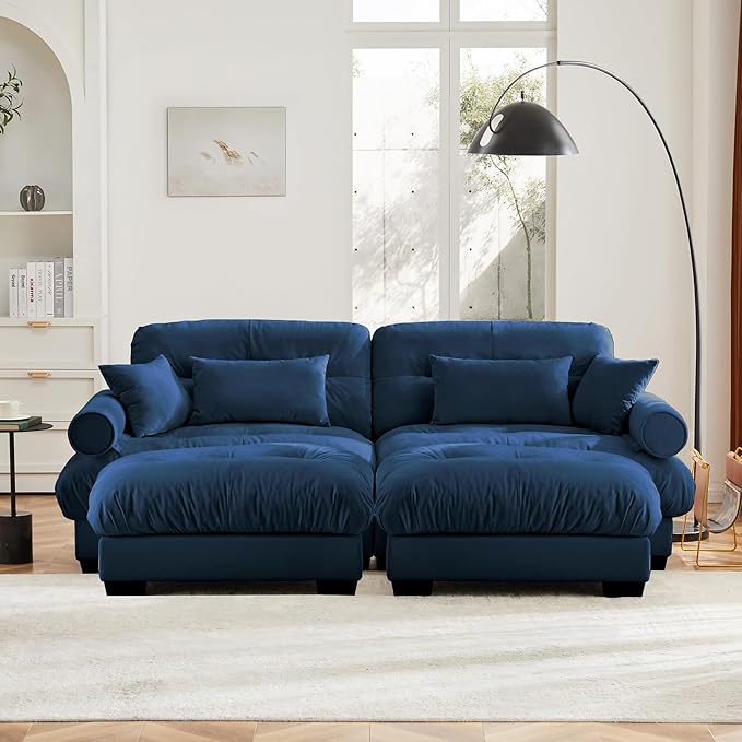 Oversized Modular Velvet Sectional Cloud Sofa Couch with Movable OttomanCorner Sofa with Comfortable Armrests Deep Seat Convertible L or U Shaped Couch (Blue 2 Seat +2 Ottoman)