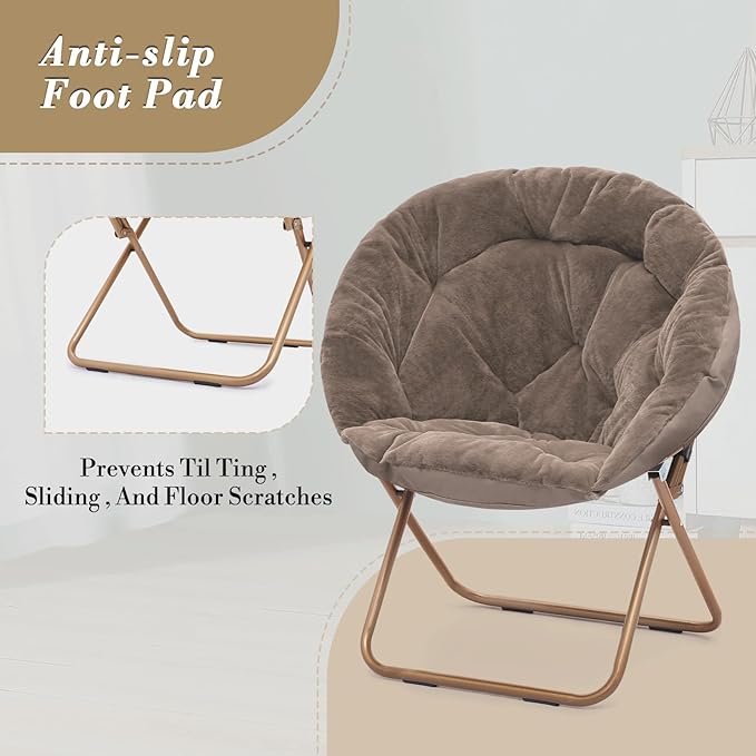 Athena Collection Round Saucer Chair with Ottoman Set for Adults Oversize Comfy Cozy Faux Fur Folding Reading Chair with Metal Leg Lazy Relaxing for Living Room Bedroom Dorm Apartment Beige