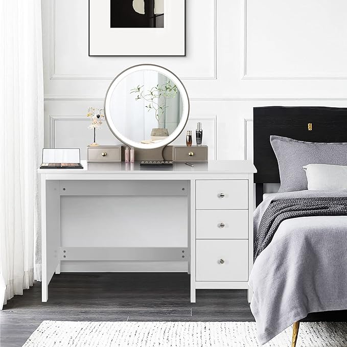 Computer Desk 48 Inch Home Office Desks with Drawers Modern Makeup Vanity Table Teens Writing Gaming Desk White Desk with Drawers for Bedroom Study Office (White)