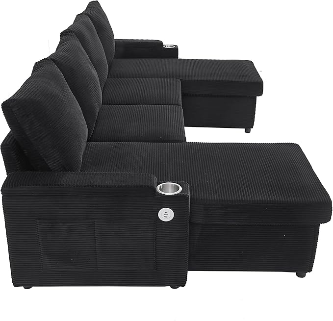 109.5 Sectional Sofa Convertible Pull-Out Sofa Bed with 2 Storage Chaise Lounges and Cup Holders Chenille Fabric U-Shaped Couch with Storage Boxes &amp USB Ports for Living Room (Black-9.19)