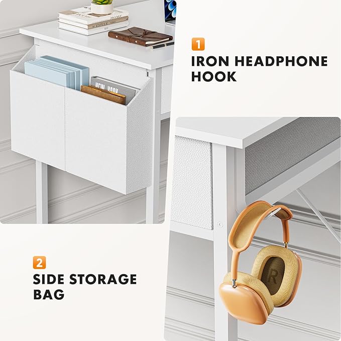 Sweetcrispy Computer Desk Small 32 Inch Home Office Bedroom Writing Study PC Table with Fabric Storage Drawers Space Side Bag Headphone Hook Metal Frame Adjustable Feet Modern Simple Style White Wood